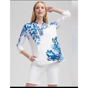 Chico's size 2 Blue Linen Floral Embroidered V-Neck Tunic intense azure L NWT